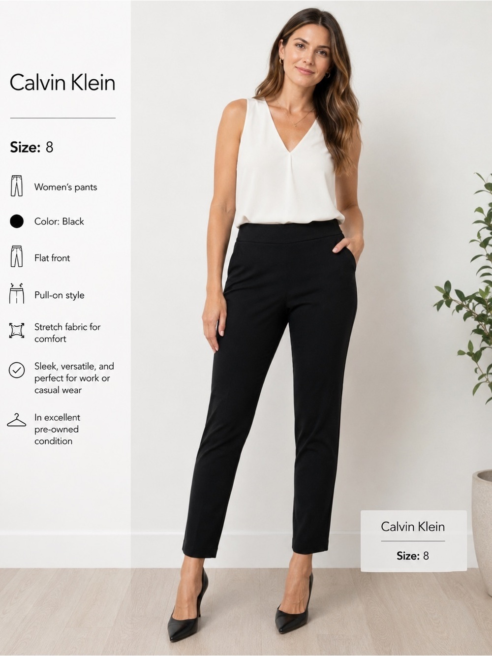 CALVIN KLEIN woman Black High-Waisted stretch Pants/size 8